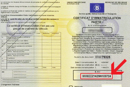 Photo du certificat d'immatriculation avec focus sur le numéro de châssis